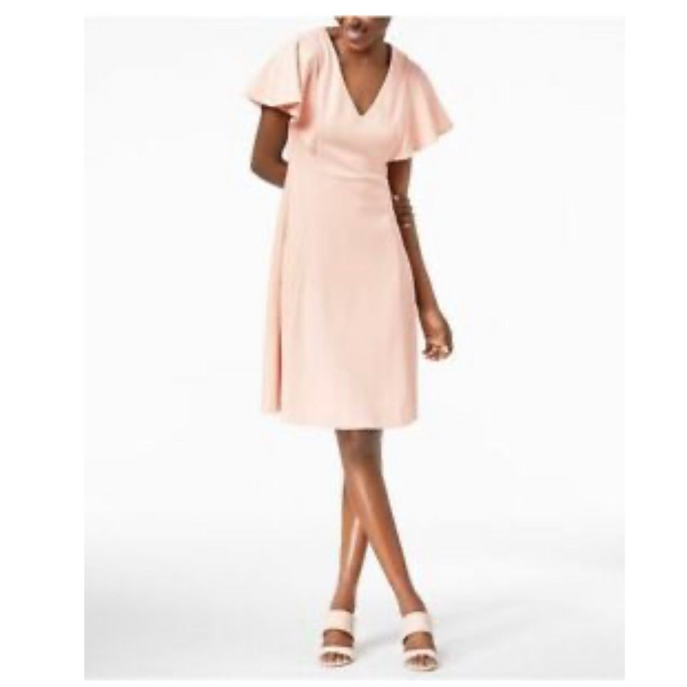 Calvin Klein Dress Blush Pink Short Flowing Ruffled Sleeves Fit N Flare